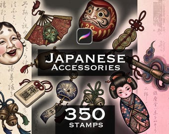 Könnte beinhalten: Eine digitale Sammlung japanisch inspirierter Illustrationen mit einer Daruma-Puppe, einem Hannya-Maskenfächer, einer Kokeshi-Puppe, Messingglocken, einem Kalligrafiepinsel und dekorativen Anhängern. Text: JAPANESE ACCESSORIES 350 STAMPS.