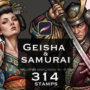Peut inclure: Une illustration numérique montrant une geisha avec un masque de renard et un samouraï tenant un katana. L'image inclut l'icône de l'application Procreate, le texte GEISHA & SAMURAI et le texte 314 STAMPS. La palette de couleurs inclut bleu, rouge, or et noir.