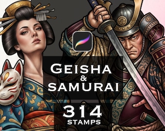 Puede incluir: Una ilustración digital que muestra a una geisha con una máscara de zorro y un samurái sosteniendo una katana. La imagen incluye el icono de la aplicación Procreate, el texto GEISHA & SAMURAI y el texto 314 STAMPS. La paleta de colores incluye azul, rojo, oro y negro.