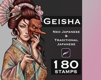 Könnte beinhalten: Eine digitale Illustration einer Geisha in einem floralen Kimono, die eine rote Tengu-Maske und eine lange Pfeife hält. Der Text lautet GEISHA, NEO JAPANESE & TRADITIONAL JAPANESE und 180 STAMPS. Ein Procreate-App-Symbol ist über dem Text zu sehen.