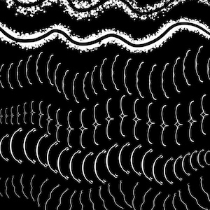 May include: A black background featuring a series of white graphic patterns. The top section displays three horizontal wavy lines with textured edges. Below, multiple rows of repeating curved brackets and small dash marks create a rhythmic design.