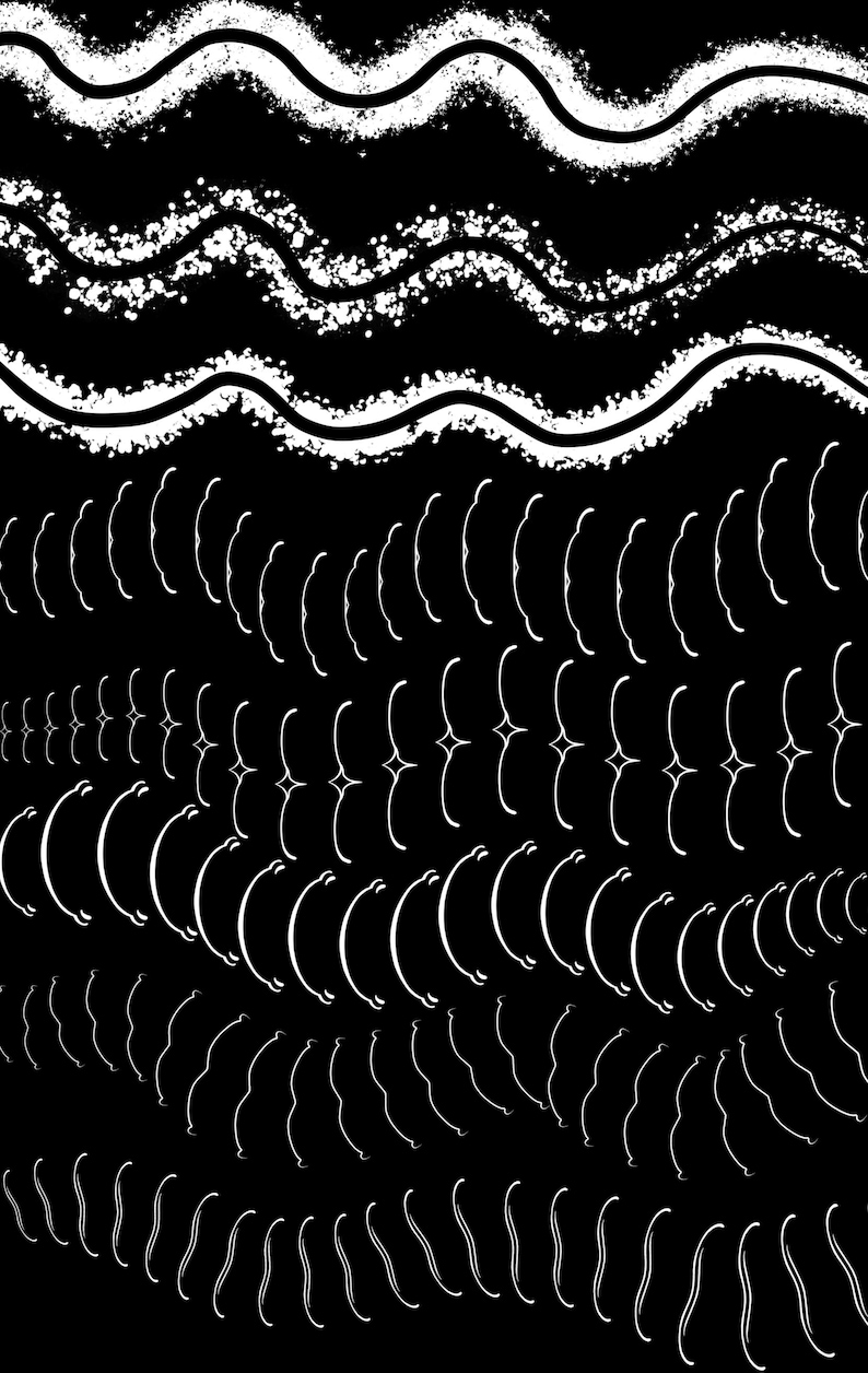 May include: A black background featuring a series of white graphic patterns. The top section displays three horizontal wavy lines with textured edges. Below, multiple rows of repeating curved brackets and small dash marks create a rhythmic design.