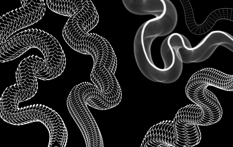 May include: A digital graphic featuring multiple white, winding, snake-like forms against a solid black background. Some shapes display a detailed, repeating geometric mesh pattern, while others appear as smooth, glowing, translucent white ribbons.