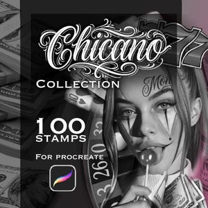 May include: A digital graphic featuring the text Chicano Collection 100 Stamps For Procreate. The image displays a black and white portrait of a person with clown-style face paint holding a lollipop, surrounded by stacks of US hundred dollar bills.