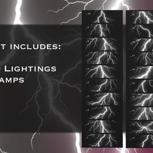 May include: A digital set of 20 lightning stamps featuring white, jagged electrical bolt illustrations on black rectangular backgrounds. The text SET INCLUDES: 20 LIGHTINGS STAMPS is displayed in white, sans-serif font on the left side of the image.