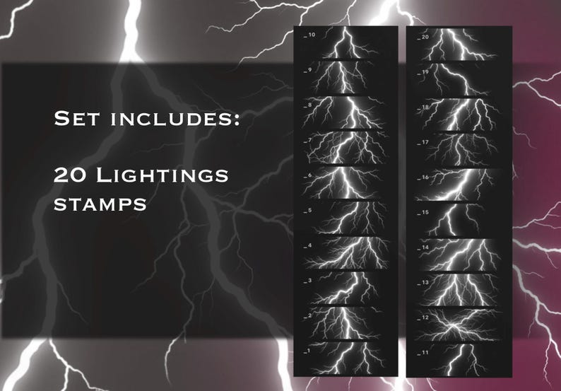 May include: A digital set of 20 lightning stamps featuring white, jagged electrical bolt illustrations on black rectangular backgrounds. The text SET INCLUDES: 20 LIGHTINGS STAMPS is displayed in white, sans-serif font on the left side of the image.