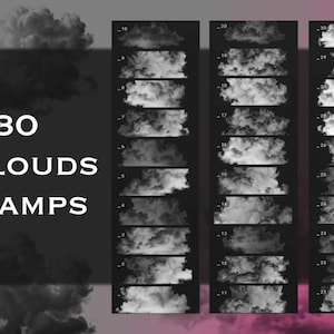 May include: A digital collection of 30 cloud stamps arranged in three vertical columns on a dark background. Each stamp features a unique, detailed greyscale illustration of a cloud formation, numbered from 1 to 30, with the text + 30 CLOUDS STAMPS.