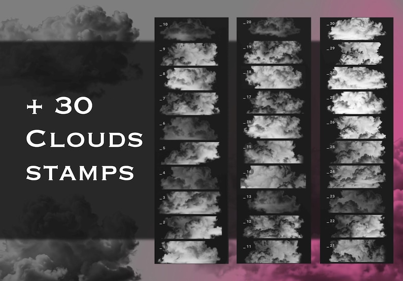 May include: A digital collection of 30 cloud stamps arranged in three vertical columns on a dark background. Each stamp features a unique, detailed greyscale illustration of a cloud formation, numbered from 1 to 30, with the text + 30 CLOUDS STAMPS.