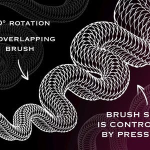 May include: A digital brush stroke graphic featuring a white, repeating circular pattern on a dark background. Text includes 360 DEGREE ROTATION, NO OVERLAPPING BRUSH, and BRUSH SIZE IS CONTROLLED BY PRESSURE, with arrows pointing to the brush stroke.