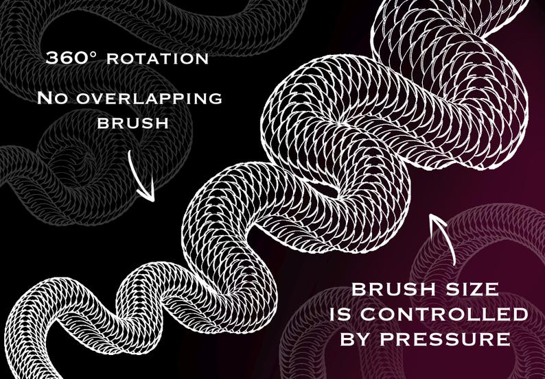 May include: A digital brush stroke graphic featuring a white, repeating circular pattern on a dark background. Text includes 360 DEGREE ROTATION, NO OVERLAPPING BRUSH, and BRUSH SIZE IS CONTROLLED BY PRESSURE, with arrows pointing to the brush stroke.