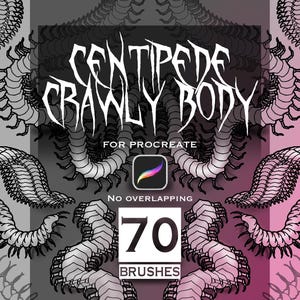 Op de afbeelding: Een digitale kunstset met 70 duizendpoot-lichaamspenselen voor Procreate. De afbeelding toont de tekst CENTIPEDE CRAWLY BODY, FOR PROCREATE, NO OVERLAPPING en 70 BRUSHES. De achtergrond toont herhalende zwart-witte segmenten van een duizendpoot.
