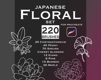 Könnte beinhalten: Ein digitales Kunstset namens "Japanese Floral Set" für Procreate mit 220 Pinseln. Das Design zeigt weiße Strichzeichnungen verschiedener Blumen wie Chrysanthemen, Pfingstrosen und Kirschblüten vor einem dunklen Hintergrund.