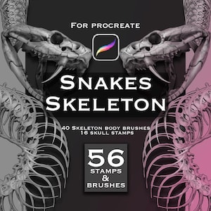 May include: A digital brush set for Procreate featuring snake skeleton illustrations. The text reads: FOR PROCREATE, SNAKES SKELETON, 40 SKELETON BODY BRUSHES, 16 SKULL STAMPS, 56 STAMPS & BRUSHES. The design includes two detailed snake skulls and vertebrae.