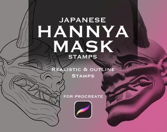 Puede incluir: Imagen con dos máscaras japonesas Hannya, una delineada en gris y la otra en un tono rosa-púrpura. El texto dice "JAPANESE HANNYA MASK STAMPS" con "REALISTIC & OUTLINE STAMPS" y "FOR PROCREATE" debajo, sobre un fondo gris y rosa.