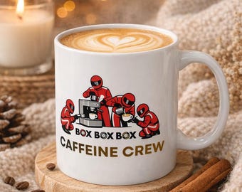 F1 Mug, Caffeine Crew Racing, Formula One Gift,  Pit Stop Glossy White Coffee Cup