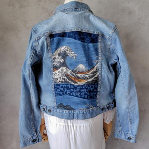Handmade Upcycled Denim Jacket with Vintage Hokusai "The Great Wave" Wool, Men's Kimono Remake Art