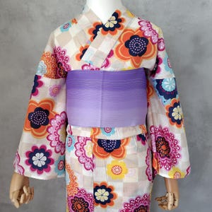 Yukata Set with Your Choice of Obi, Retro Pop Flowers on Beige Check, Japanese Summer Kimono for Women, Optional Dressing Starter Set