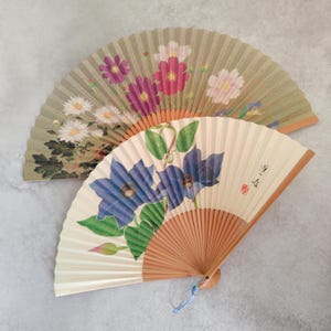 Vintage Kyoto Sensu Folding Fan Set of 2, Yamaguchi Hoshun Clematis & Autumn Grasses, Bamboo and Washi, Japanese Hand Fan, Showa,with Cases