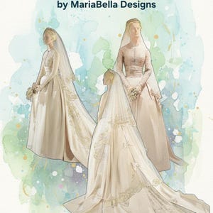 Puede incluir: Patrón de costura dibujado a mano de MariaBella Designs, que representa el vestido de novia de Grace Kelly. La imagen muestra tres representaciones del vestido, con una larga cola, detalles de encaje y un velo. La paleta de colores es suave, con tonos marfil y crema.