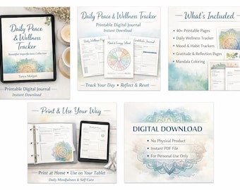 Può includere: Un prodotto digitale scaricabile con un diario "Daily Peace & Wellness Tracker". L'immagine include un tablet che mostra il diario, pagine stampate e una grafica per il download digitale. Il diario offre pagine per monitorare il benessere quotidiano, l'umore e la gratitudine.