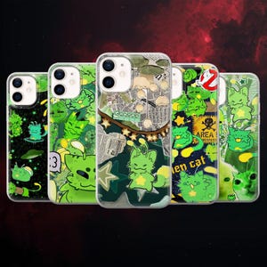 May include: A collection of five phone cases with unique designs. Each case features a clear, protective cover over a vibrant, patterned interior. Designs include green cartoon characters, newspaper clippings, and star accents. The cases are designed for a smartphone.
