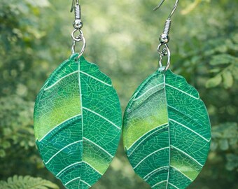 Blatt Ohrringe, Natur inspirierter grüner Schmuck, Botanische Boho Ohrringe, Geschenk für Pflanzenliebhaber