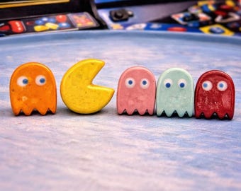 Pac Man Inspired Ceramic Stud Earrings Set, Retro Video Game, Handmade Ghost, Nostalgic Arcade