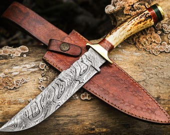 Handmade Damascus Steel Bowie Knife: Rosewood, Stag Antler & Leather Sheath