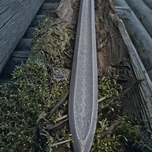 May include: A long, grey sword with a patterned blade lies on moss and wood. The blade has a detailed, swirling design. The handle is visible at the top, and the tip of the blade points downwards.