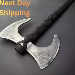 Viking Double Head Axe: Celtic Etched Carbon Steel & Ash Wood - 24''