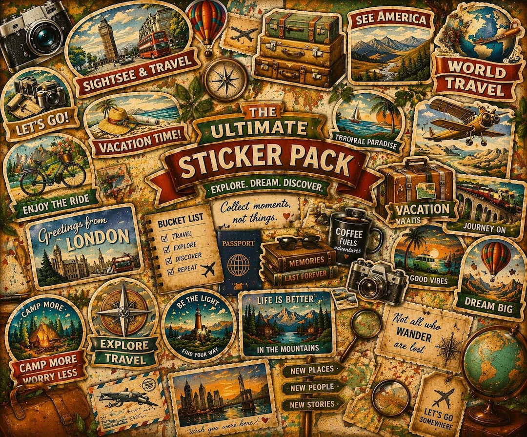 Vintage Travel Sticker Pack – Retro Adventure Luggage Labels (instant ...