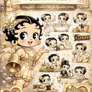 May include: A digital sticker pack featuring vintage flapper girl illustrations. The stickers have a classy and cute aesthetic, with images of flapper girls in various poses, including one in a vintage car. The text on the image says "Vintage Flapper Girl Sticker Pack".