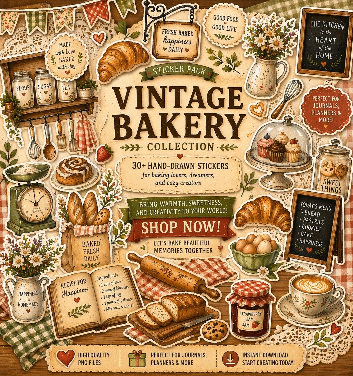 Backen Sticker Vintage Bakery Sticker Pack – Hand-drawn Cozy Kitchen, Bread, Pastry ...