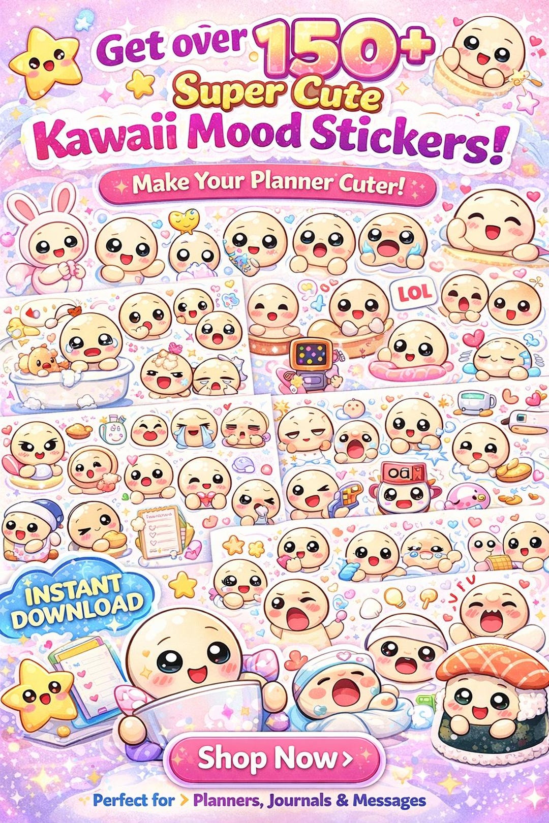 100+ Kawaii Mood Sticker Pack | Daily Life Stickers Bundle | Digital ...