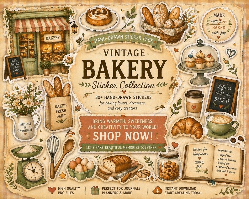 Vintage Bakery Sticker Pack – Hand-drawn Cozy Kitchen, Bread, Pastry ...