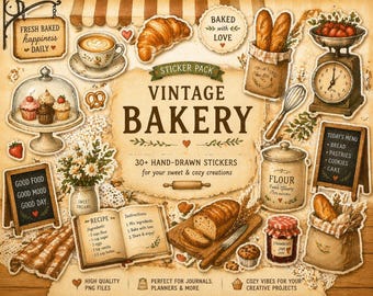 Pacchetto di adesivi vintage per panetteria: cucina accogliente disegnata a mano, pane, pasticcini (download digitale)