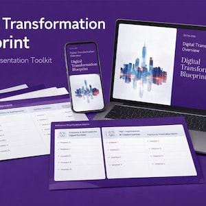 May include: A digital transformation toolkit with a laptop, smartphone, and documents on a purple background. The laptop and smartphone display a cityscape graphic. Text on the screen and documents reads "Digital Transformation Blueprint".