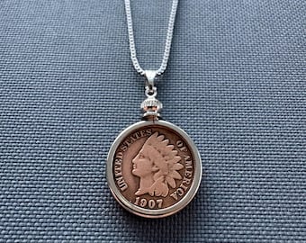 Indian Head Penny Necklace – Vintage Coin Pendant, Stainless Steel Silvertone 18” Adjustable Chain - Authentic Coin