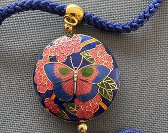 Vintage Cloisonné Butterfly Pendant Necklace 28” Blue Cord Tassel Floral Enamel