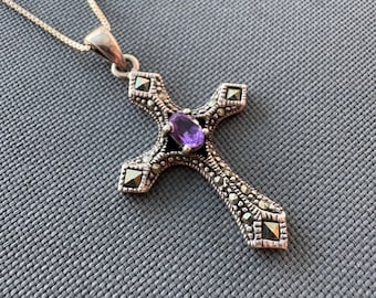925 Sterling Silver Amethyst Marcasite Cross Pendant Necklace 18” Box Chain Italy Vintage