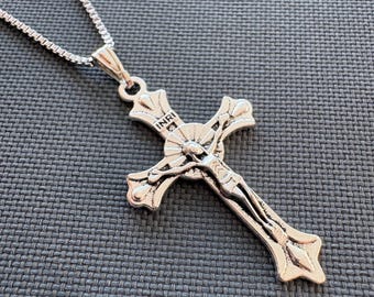 Stainless Steel Crucifix Cross Necklace 20” Adjustable Chain Gift Box INRI