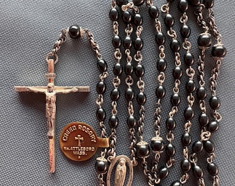 Vintage Creed Sterling Silver Rosary Black Beads Attleboro MA