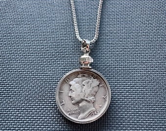 Mercury Dime Pendant • Authentic Silver Coin Necklace, Stainless Chain
