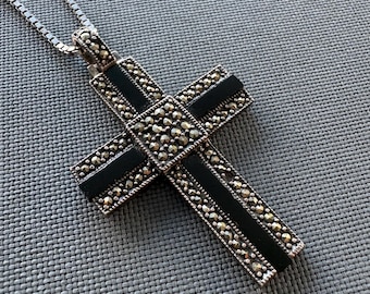 925 Sterling Silver Marcasite Cross Pendant Necklace 24” Box Chain Black Inlay Vintage Style