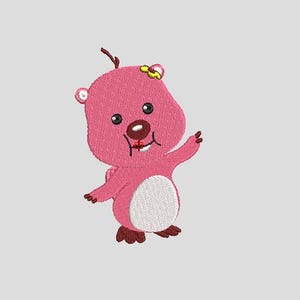 May include: A digital embroidery design file displayed on a software interface, featuring a cartoon character with pink fur, a white belly patch, dark brown feet, and a small yellow flower accessory on its head, set against a light gray background.