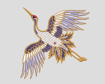 Diseño de bordado de grulla japonesa voladora (8 cm, 12 cm y 18 cm) – Elegante grulla dorada y azul