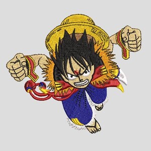 Op de afbeelding: Geborduurde patch met een stripfiguur met zwart stekelig haar, een strohoed en een vastberaden uitdrukking. Het personage draagt een rode cape, blauwe kleding en sandalen. De patch heeft gele, rode, blauwe en bruine kleuren.