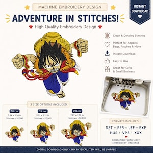 Monkey D. Luffy from One Piece Embroidery Design | 10cm 15cm 20cm