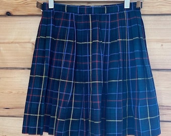 Vintage wollen geruite kiltrok dames klein groenblauw tartan geplooid St. Michael