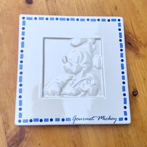Vintage Gourmet Mickey Trivet Ceramic Hot Plate Blue White Relief Tile Disney